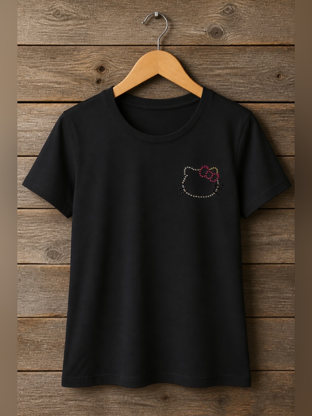 Hello Kitty Women’s black T Shirt with handmade Rhinestone crystals. Ptp 22